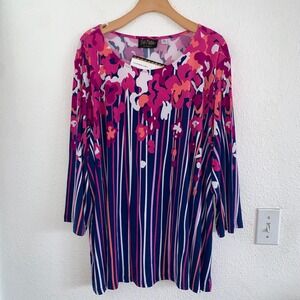 Bob Mackie Wearable Art Pink Navy Floral Stripe Tunic Top 3X A254135 NEW
